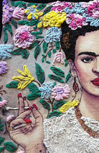 Hand-painted floral background with Frida Kahlo smoking – vibrant textured art