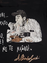 Close-up of hand-painted details on Sordi’s face and forkful of pasta – Quortshirt design