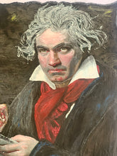 Close-up of Beethoven painted face on T-shirt – vibrant permanent colors in relief