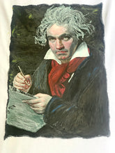 Close-up of Beethoven painted portrait  on T-shirt – vibrant permanent colors in textured relief