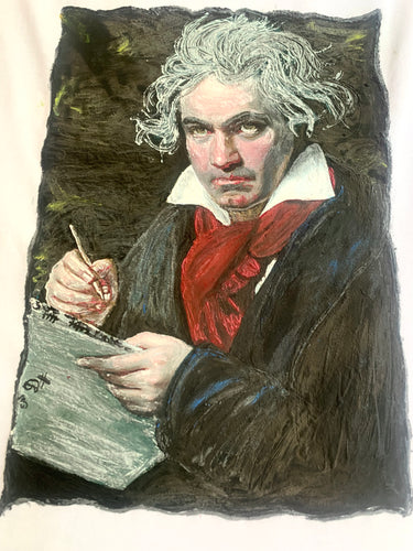 Hand-painted Beethoven portrait on artistic T-shirt – permanent 3D relief colors, wearable classical art