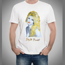Man wearing white artistic T-shirt featuring Brigitte Bardot, showcasing wearable hand-painted portrait.

