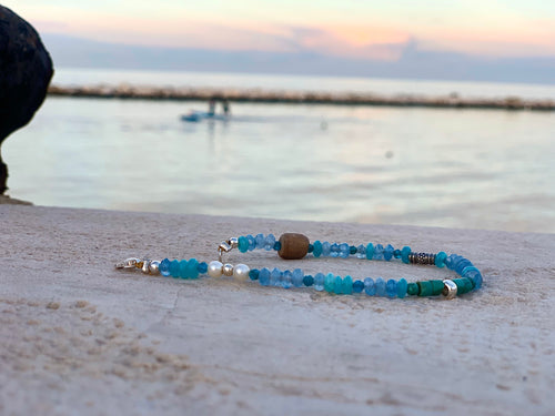 Dainty light Blue Gemstones Bracelet - Calming vibes Bracelet with Agate Jade African Turquoise Apatite Fresh Water Pearls Sterling Silver - QuorArtisticTshirts