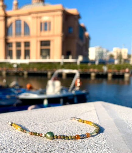 Harmony and Energy Bracelet Green Yellow & Orange Faceted Agates, Unakite, Green Aventurines, Baroque Pearl, 925 Sterling Silver - QuorArtisticTshirts