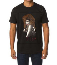 man wearing a black artstic thirt with Tina Turner's portrait hand- painted 3D