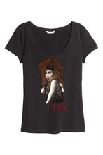 Black t-shirt with a hand-painted  portrait of Tina Turner, featuring expressive textures and unique artistic style.