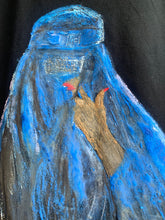 Close-up of the woman’s hand with red-painted nails gently lifting the burqa, highlighting a symbolic gesture of expression.