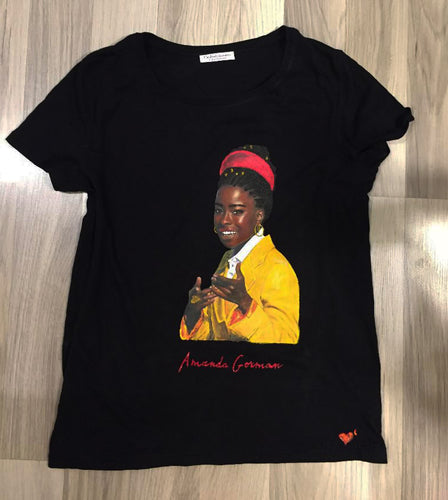 Amanda Gorman hand-painted T-shirt showing vibrant 3D relief colors
