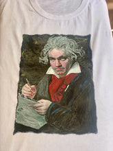 Hand-painted Beethoven portrait on artistic T-shirt – permanent 3D relief colors, wearable classical art