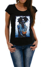 BLACK QUEEN T-shirt in Blue  PAINTED 3d - Curly hair tshirt - QuorArtisticTshirts