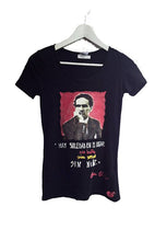 Hand-painted César Vallejo portrait on artistic T-shirt with poetic quote in 3D relief colors