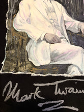 Detail of Mark Twain's iconic white suit painted in 3D relief on hand-painted T-shirt