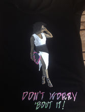 Partial view of black T-shirt featuring a full-body portrait of a customer and a personalized phrase