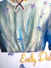 Close-up of Emily Dickinson hand-painted dress  with violets – permanent  color on relief detail