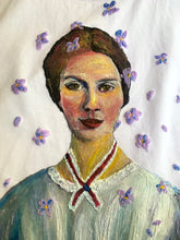 Close-up of Emily Dickinson hand-painted face with violets – artistic permanent 3D color detail