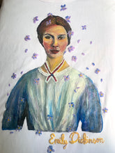 Close-up of Emily Dickinson hand-painted portrait  with violets – artistic permanent 3D color detail