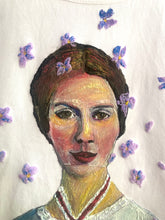 Close-up of Emily Dickinson hand-painted face with violets – permanent 3D color detail