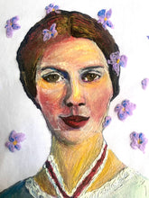 Close-up of Emily Dickinson hand-painted face with violets – permanent  color on relief detail