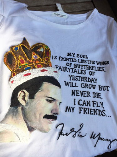 Original Freddie Mercury T-shirt artwork showing profile with crown, blue butterfly, and meaningful lyrics