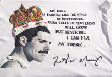 Original Freddie Mercury White T-shirt artwork showing profile with crown, blue butterfly, and meaningful lyrics.