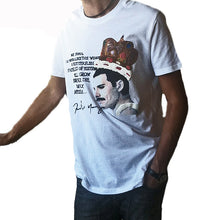 Model wearing Original Freddie Mercury T-shirt artwork showing profile with crown  and meaningful lyrics.