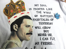 Unique personalized T-shirt with colorful Freddie Mercury profile, blue butterfly detail, and uplifting song lyrics.
