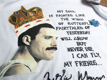 Unique personalized T-shirt with colorful Freddie Mercury profile, blue butterfly detail, and uplifting song lyrics.