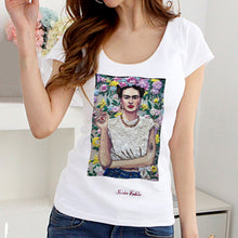 Model wearing Frida Kahlo t-shirt – bold artistic fashion with hand-painted detail