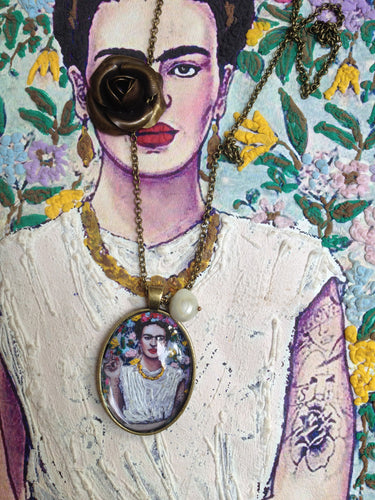 Frida Kahlo Portrait by Fab Ceraolo Necklace Frida Miniature Art  Jewel Painted Necklace Bronzed Painted  Jewel jewelry  Glass Cabochon - QuorArtisticTshirts