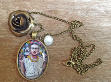 Frida Kahlo Portrait by Fab Ceraolo Necklace Frida Miniature Art  Jewel Painted Necklace Bronzed Painted  Jewel jewelry  Glass Cabochon - QuorArtisticTshirts