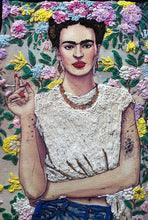 Close-up of Frida Kahlo hand-painted portrait with cigarette – textured art on t-shirt