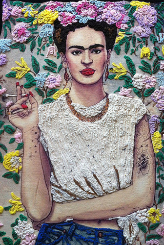 Close-up of Frida Kahlo hand-painted portrait with cigarette – textured art on t-shirt
