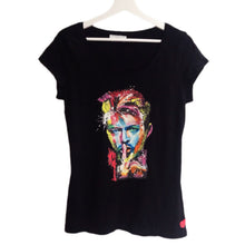 Full view of black T-shirt with vivid 3D painted portrait of David Bowie – bold colors and artistic depth

