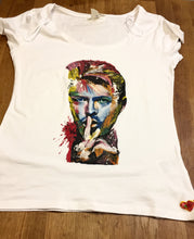 Full view of white T-shirt featuring David Bowie’s face in a vibrant, hand-painted 3D design – colorful and artistic explosion