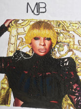Close-up of Mary J. Blige hand-painted portrait on t-shirt – textured art detail