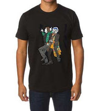 Full-body view of a hand-painted artistic t-shirt featuring Mick Jagger and Keith Richards singing, captured in vibrant detail and textured brushstrokes.