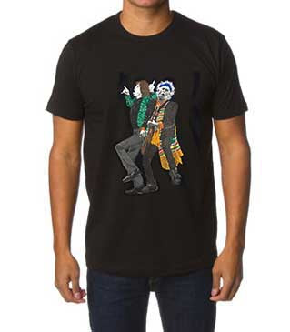 Full-body view of a hand-painted artistic t-shirt featuring Mick Jagger and Keith Richards singing, captured in vibrant detail and textured brushstrokes.