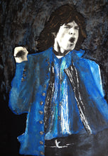 Detail of Mick Jagger portrait in blue suit with painted electric blue background – bold color on black T-shirt