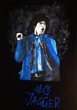 Close-up of artistic Mick Jagger portrait on T-shirt – dynamic electric blue background and rich paint texture