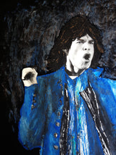 Close-up of Mick Jagger’s expressive face on hand-painted T-shirt – vibrant brushwork and electric blue tones