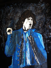 Zoom on hand-painted Mick Jagger with blue tones – textured brushstrokes on black cotton fabric