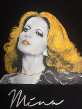 Close-up of Mina hand-painted portrait on t-shirt – detailed textured artwork