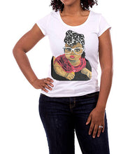 Black female model wearing a personalized hand-painted artistic T-shirt – unique wearable art
