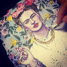 Detail of artist painting Frida Kahlo on fabric – unique artistic t-shirt creation