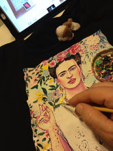 Work in progress: hand applying permanent colors to custom Frida Kahlo t-shirt