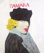  Detail of textured paint and brushwork on the Tamara de Lempicka t-shirt, highlighting the relief technique.