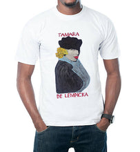 Male model wearing a hand-painted Tamara de Lempicka t-shirt, featuring a bold Art Deco portrait with textured brushstrokes and unique artistic detail.