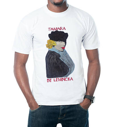 Male model wearing a hand-painted Tamara de Lempicka t-shirt, featuring a bold Art Deco portrait with textured brushstrokes and unique artistic detail.