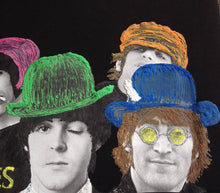 Close-up of the Beatles’ hand-painted faces on a t-shirt, showing vivid colors and textured brushwork 2