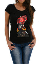 Hand-painted Black Queen T-shirt worn – bold red head wrap and vivid colors on black background